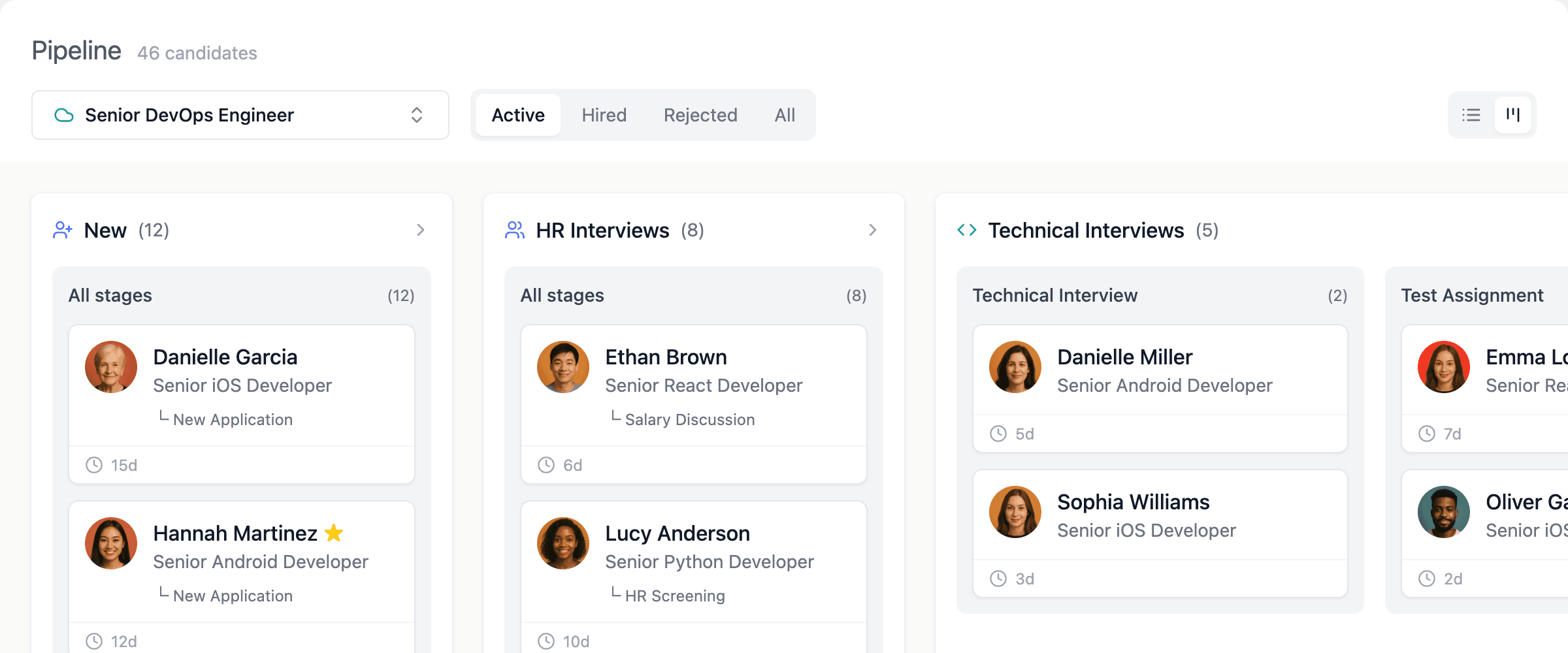 Hiring pipeline Kanban board with candidate cards across recruitment stages