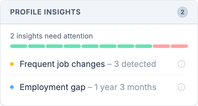 Profile Insights panel flagging frequent job changes and an employment gap