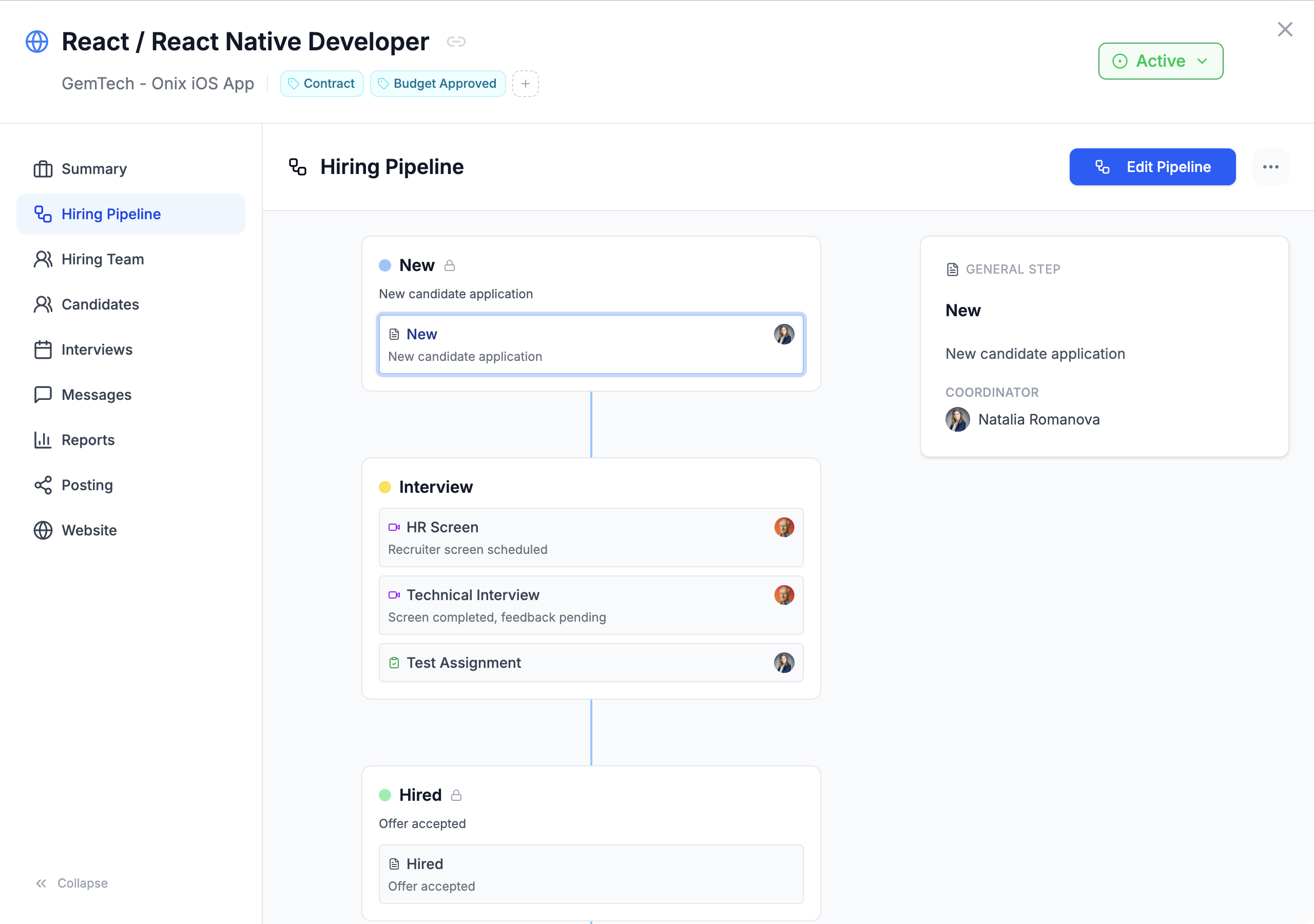 Hiring pipeline Kanban board showing candidates across New, Interview, and Hired stages